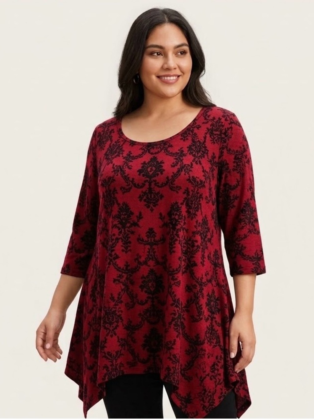 BloomChic Plus 22-24 Tunic Top Burgundy Red Black Floral Damask Knit 3/4 Sleeves